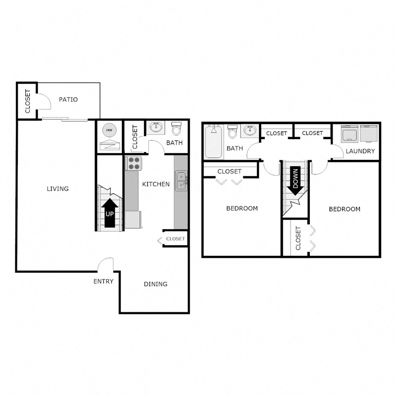 Floor plan for 2 beds, 1.5 baths, 1070 sqft